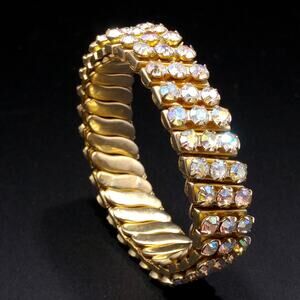 Aurora Borealis Rhinestone Expansion Bracelet, Gold Tone, 1960s Vintage Jewelry